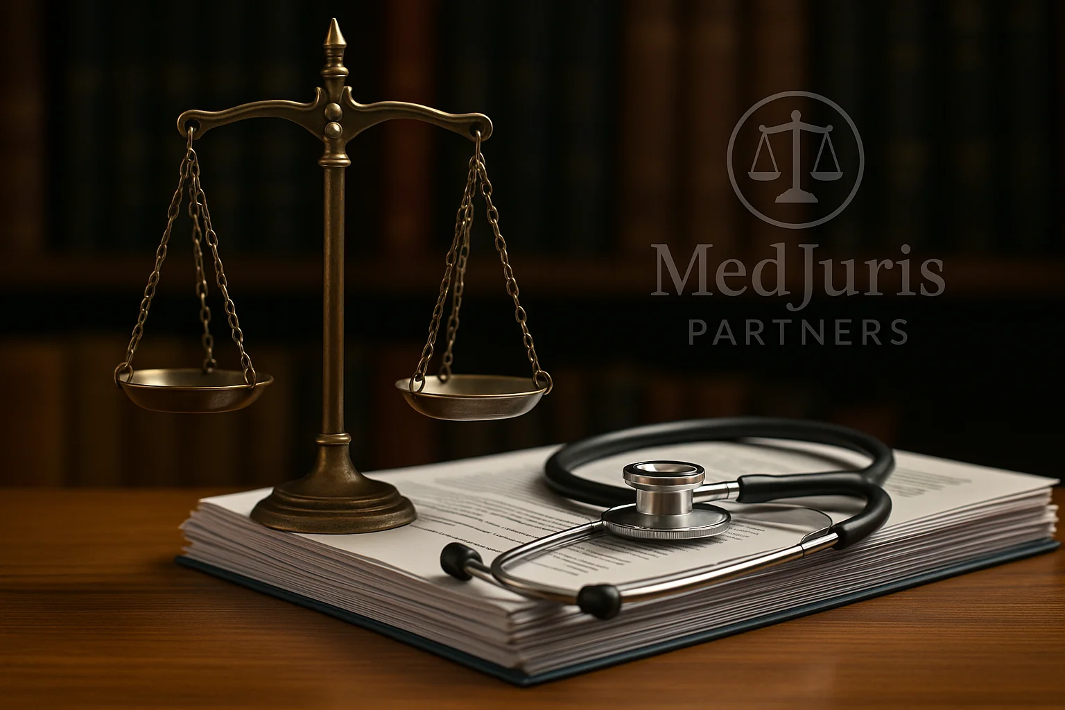 Scales of justice and stethoscope on medical records — MedJuris Partners
